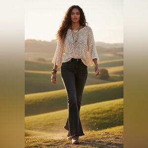 Free People We the free boho western Mid rise Black Flare bell bottoms Raw Hem